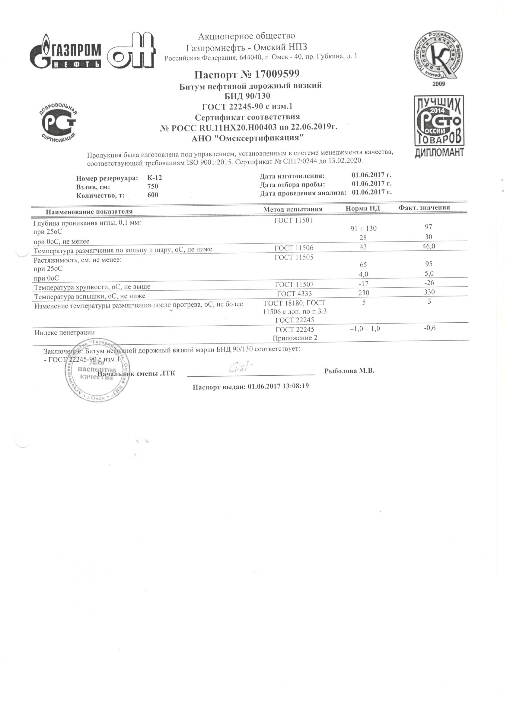 Битум нефтяной дорожный БНД 60/90 сертификат соответствия.